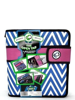 Case-It “The Open Tab” 2” Three Ring Binder Blue & White Chevron w/Pink New NWT